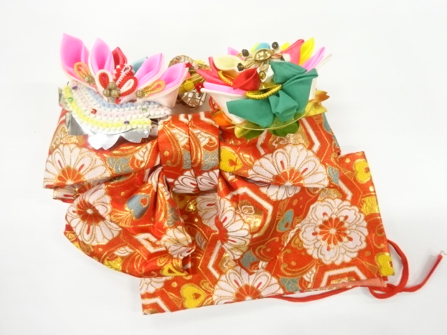 JAPANESE KIMONO / ANTIQUE RIBBON TSUKURI OBI FOR KIDS / WOVEN KIKKO & FLOWER